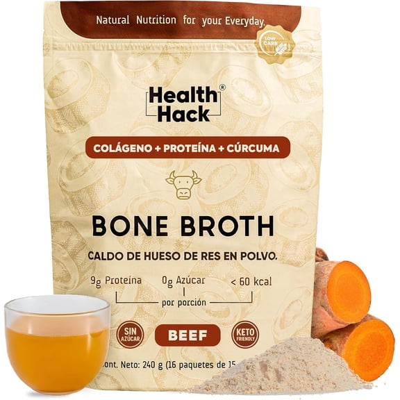 Health Hack Bone Broth | Caldo de Hueso Instantáneo en Polvo Delicioso | Con Péptidos de Colágeno, Vinagre de Manzana, Cúrcuma y Especias | 9 g de Proteína por Porción | Keto Friendly | Sin Azúcar