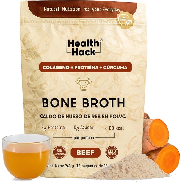 Health Hack Bone Broth | Caldo de Hueso Instantáneo en Polvo Delicioso | Con Péptidos de Colágeno, Vinagre de Manzana, Cúrcuma y Especias | 9 g de Proteína por Porción | Keto Friendly | Sin Azúcar
