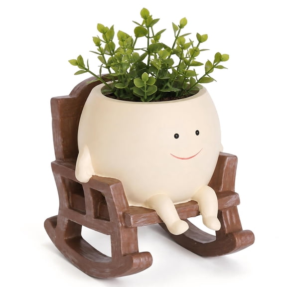 Smiley Face Planter Pot, Cute Flower Head Planter, Small Resin Rocking Chair Design Pot for Succulents Plants Live with Drainage Hole, Gift for Planter Lover Indoor Outdoor Desk Decor