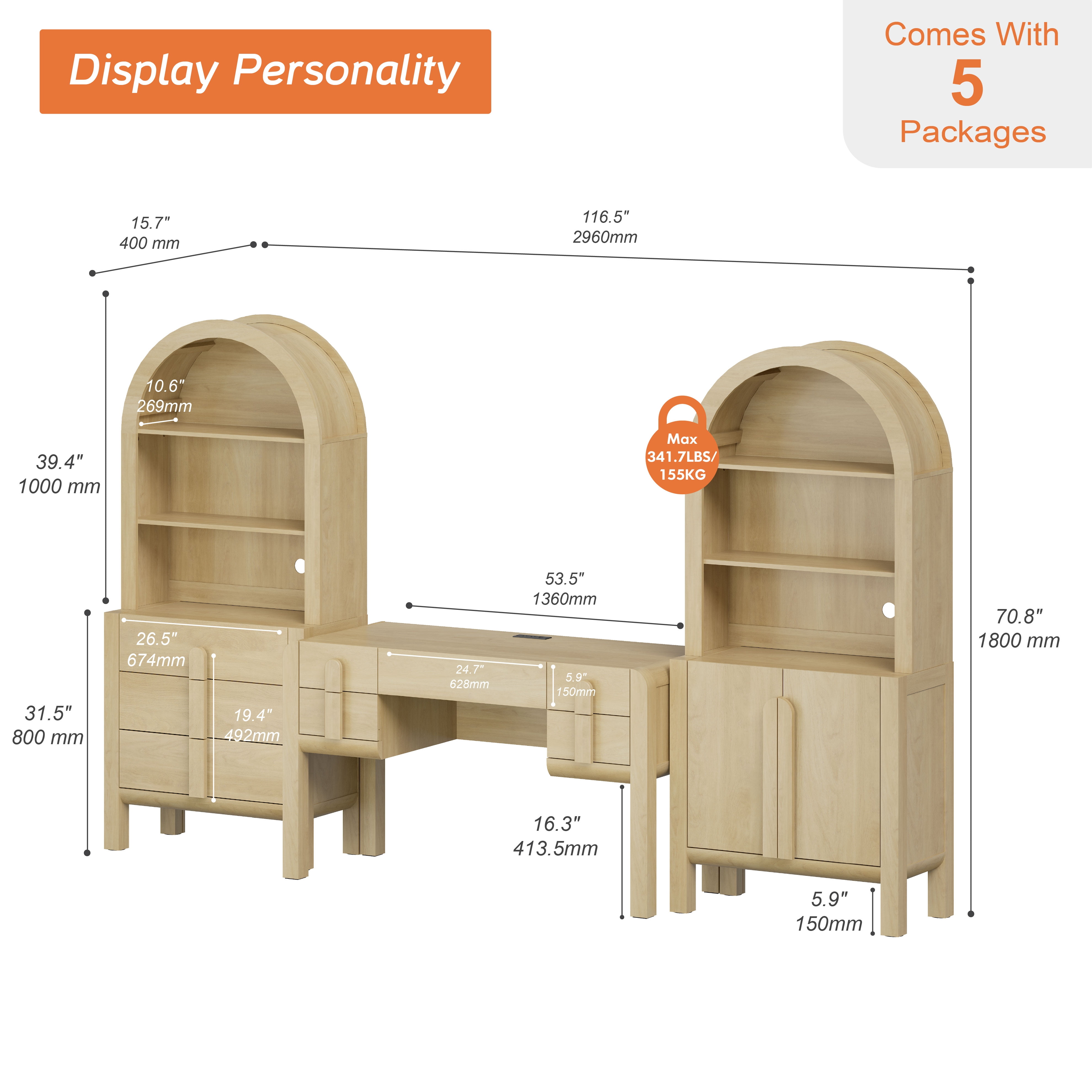 Modern Home Office Set, 53.5" Modern Executive Desk with Charging Station and Drawers & 2 Piece 71"H Tall 8-Tier Arched Bookcases with Cabinet for Living Room, Bedroom, Home Office