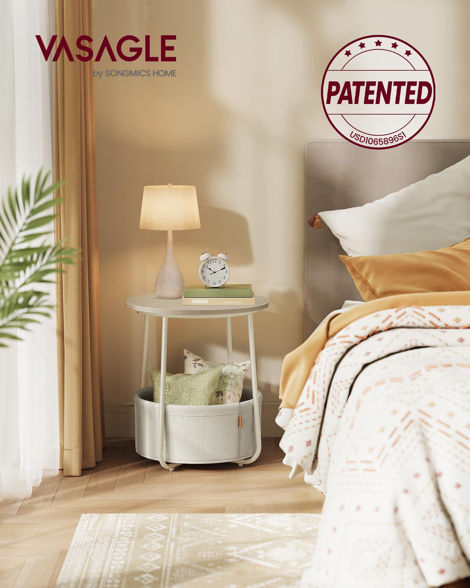 Nordic Hygge 17.7 in. Round Side Table with Fabric Storage Basket, Cream White