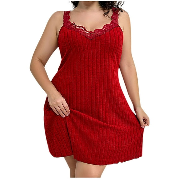 HomeGardon Nightgowns for Women,Women's Sleepwear,Women's Plus Size Fashionable Solid Color V-neck Camisole Lace Patchwork Nightgown Short Sleepshirts,XL-XXXXL