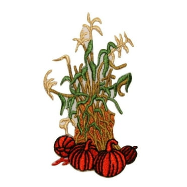 ID 1251 Pumpkins With Corn Stalks Patch Fall Harvest Embroidered IronOn Applique