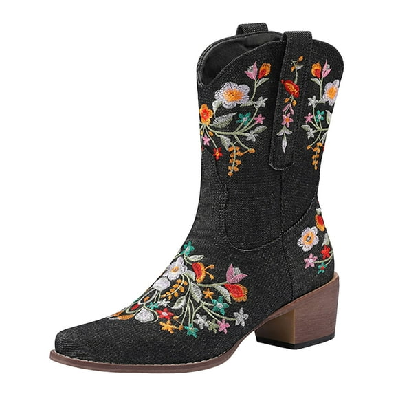 Womens Floral Embroidered Denim Cowboy Boots Vintage Flower Pointed Toe Chunky Mid Heel Wide Calf Cowgirl Booties