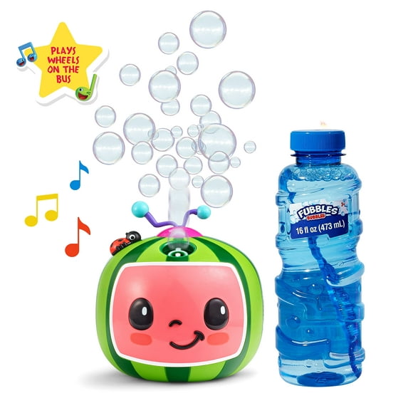 CoComelon NO Spill Musical Bubble Machine | Bubble Toy for Baby, Toddlers and Kids | Amazon Toys Exclusive with 16 oz of Extra Bubble Solution (Bubble Solution Bottle Colors Will Vary)