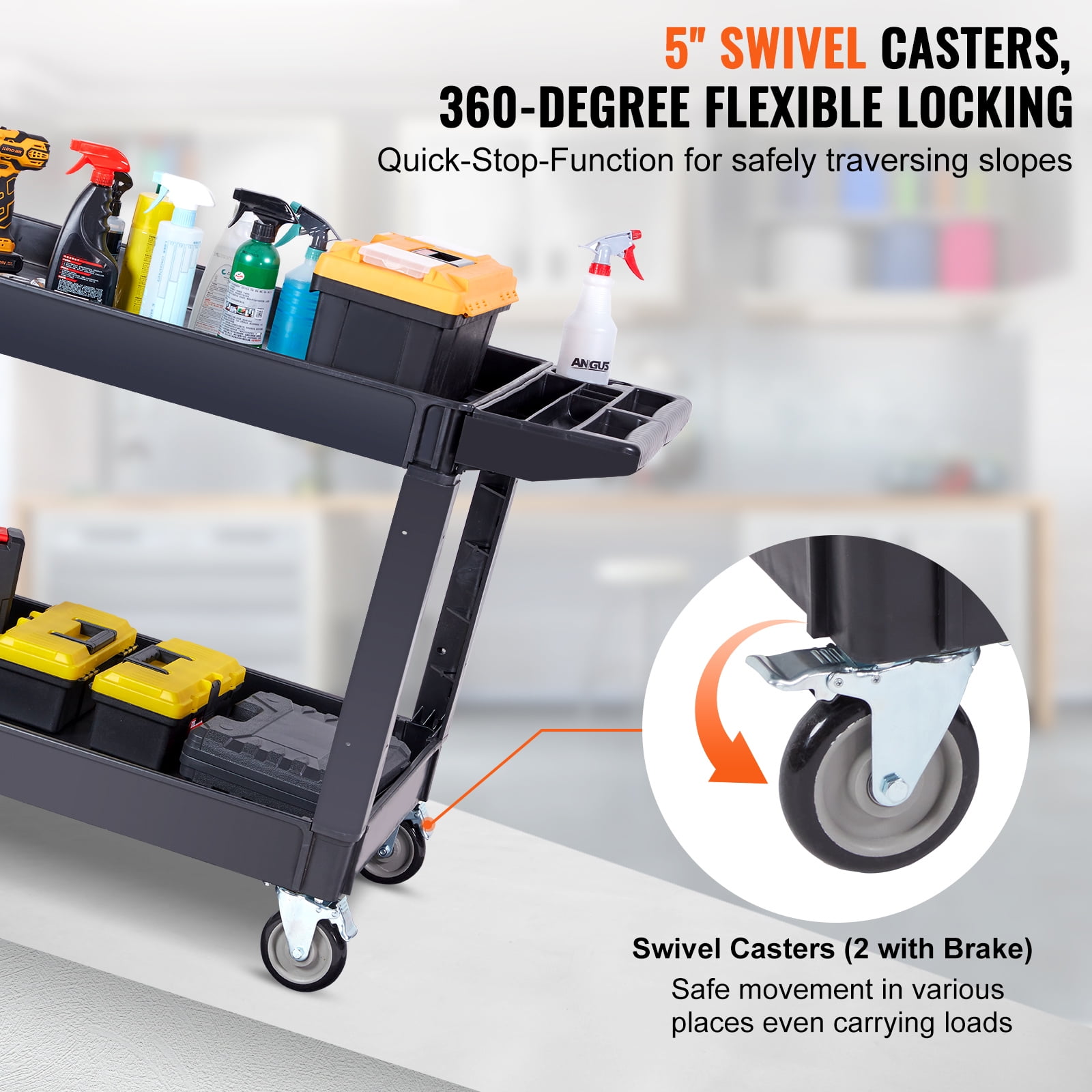 VEVOR Plastic Service Utility Cart, Support up to 550lbs Capacity, Heavy Duty Tub Storage Cart W/Deep Shelves, Multipurpose Rolling Extra Large 2-Tier Mobile Storage Organizer, for Warehouse Garage