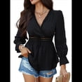 thumbnail image 3 of Blusa Cruzada con Cuello en V y Mangas Largas Abullonadas para Mujer, Camiseta Informal con Dobladillo con Volantes para y Verano. Negro S, 3 of 10