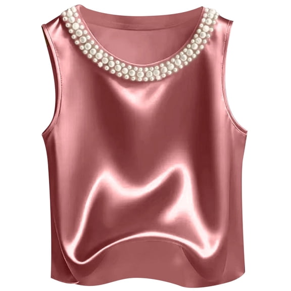Ulitacool Tank Tops For Womens Elegant Solid Color Satin Tank Top With Pearl Round Neckline Summer Sleeveless Camisole Retro Daily Wear Xl Pink