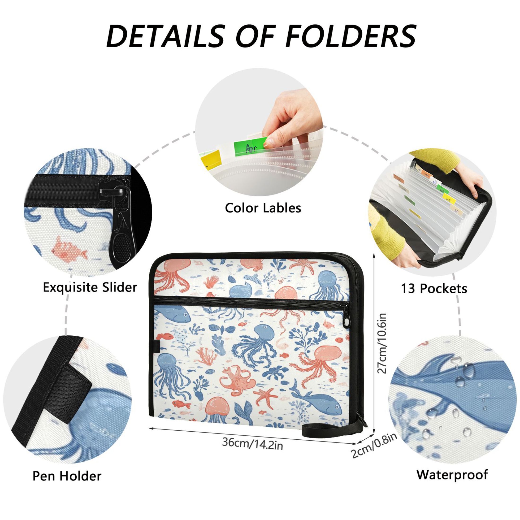 Accordion File Organizer with Zip Closure 13 Pockets Expanding File Folder Letter A4 Paper Document Organizer for Home Office Pastel Colors Sea Creatures