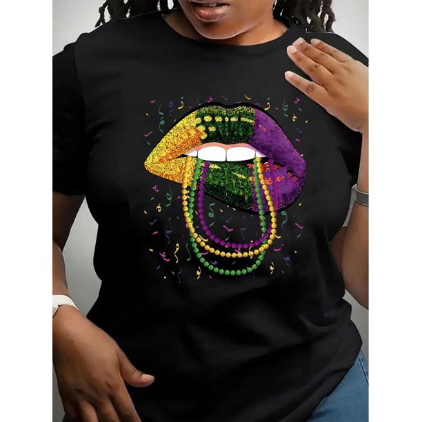 Camiseta básica para mujer veranoWomen's Fireworks Lips Graphic Tee - Casual Crew Neck Short Sleeve T-Shirt, Stretchy Polyester Blend, Machine Washable - Perfect for Summer & HolidaysFather's Day, M