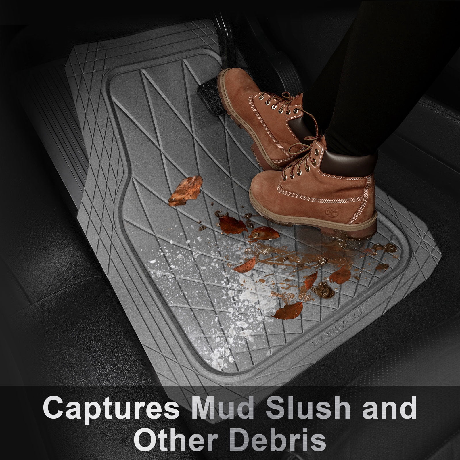 CAR GRAND premium heavy duty rubble car floor mats deep dish all weather waterproof easy clean universal trim fit sedan SUV Van Truck all gray