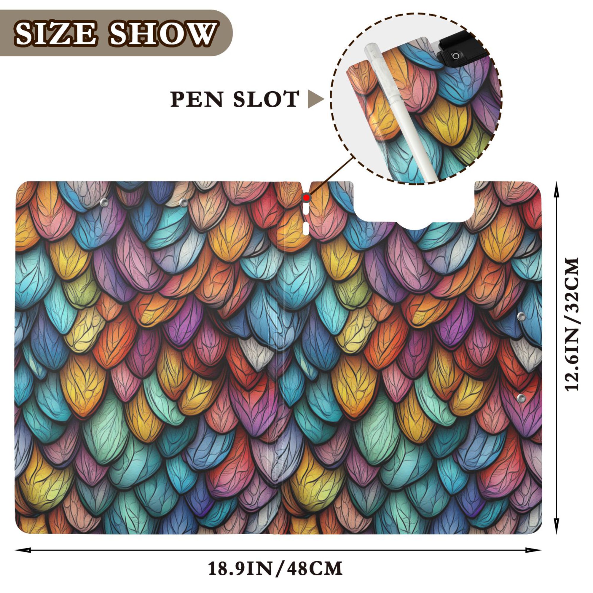 FORMRS A4 Clipboard Folder with Pen Holder Horizontal Foldable School Office Binder, Vibrant Dragon Scales Pattern