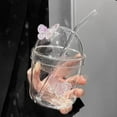 thumbnail image 4 of Ribbed Glass Cups, Vintage Drinking Glassware with Bow, Bubble Cups for Iced Coffee, Juice, Beverage, Milk, Cocktails, Juice , Bubble Tea, 4 of 9