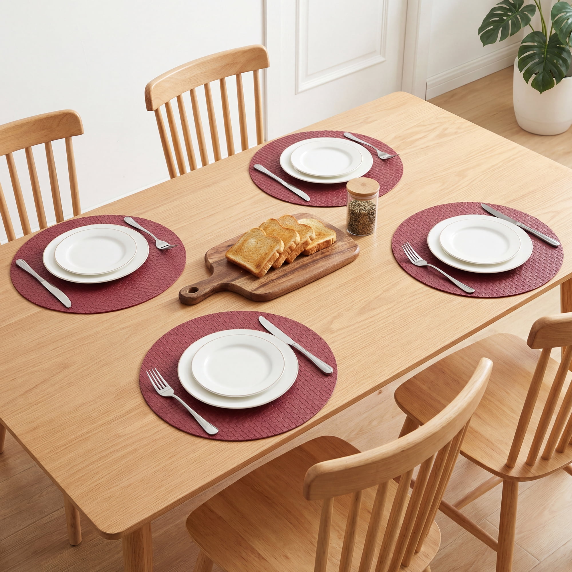 Unique Bargains Round Placemats 6pcs Faux Leather Placemats Red 15"x15"
