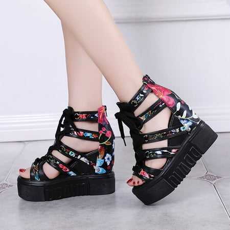 

UTTOASFAY Clearance Sandals for Women Summer Women S Wedge Sandals High Heel Flower Cross Straps Fashion Roman Sandals Flash Picks