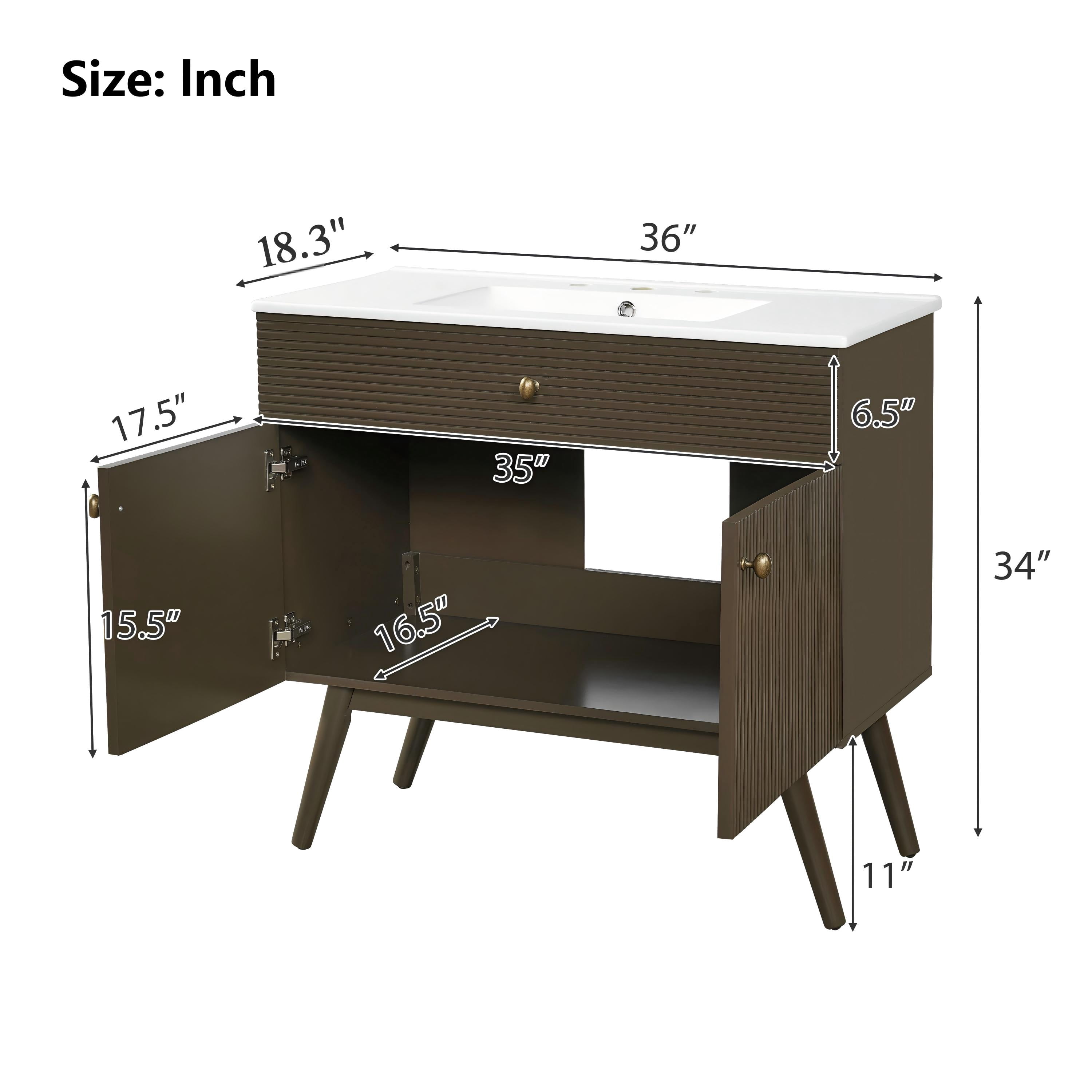 Mintazer 36 Inch Fluted Bathroom Vanity with Ceramic Sink, Modern Single Sink Bath Cabinet with Soft Close Storage, Brown
