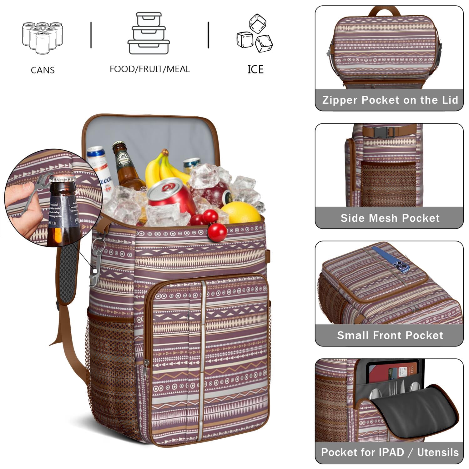 Travel Cooler Bag - Boho Bohemia Pioneer Flower Geometric Line Art Camping Beer Cooler Backpack with Bottle Opener- Waterproof Insulated Picnic Backpacks - Cooler Bag for Beach