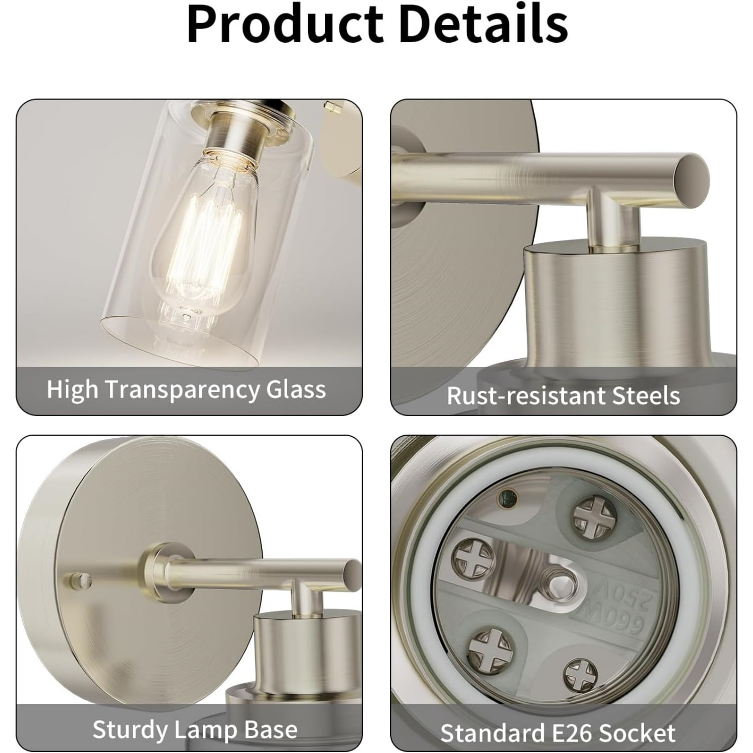 Bathroom Wall Sconces Set of Two: Brushed Nickel Vanity Light Fixtures with E26 Base LED Cordless Indoor Wall Mount Lamp for Mirror Bedroom Hallway Stairway Modern Decor Lighting