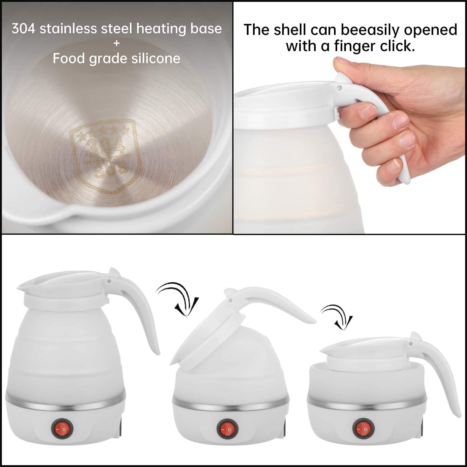 Travel Foldable Electric Kettle, US Plug 110V Portable Electric Water  Kettle Silicone Stainless Steel Lightweight with Detachable Power Cord for
