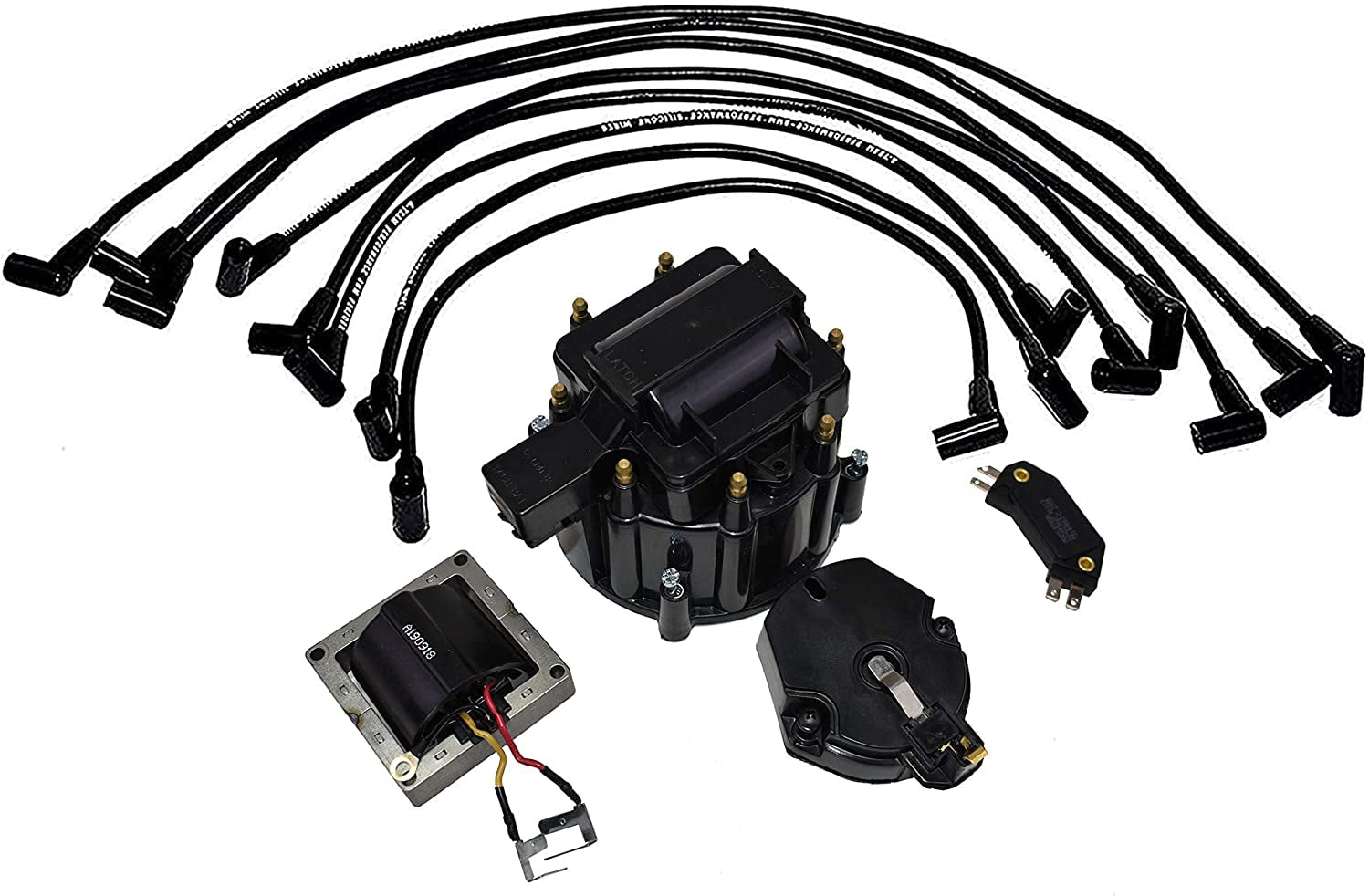 65k Volt Coil HEI Distributor Tune Up Kit & 8.0mm Over the Valve Cover Spark Plug Wires Compatible with Chevrolet SBC 262 283 302 305 307 327 350 400 Black A-Team Performance 8-Cylinder Male Cap 