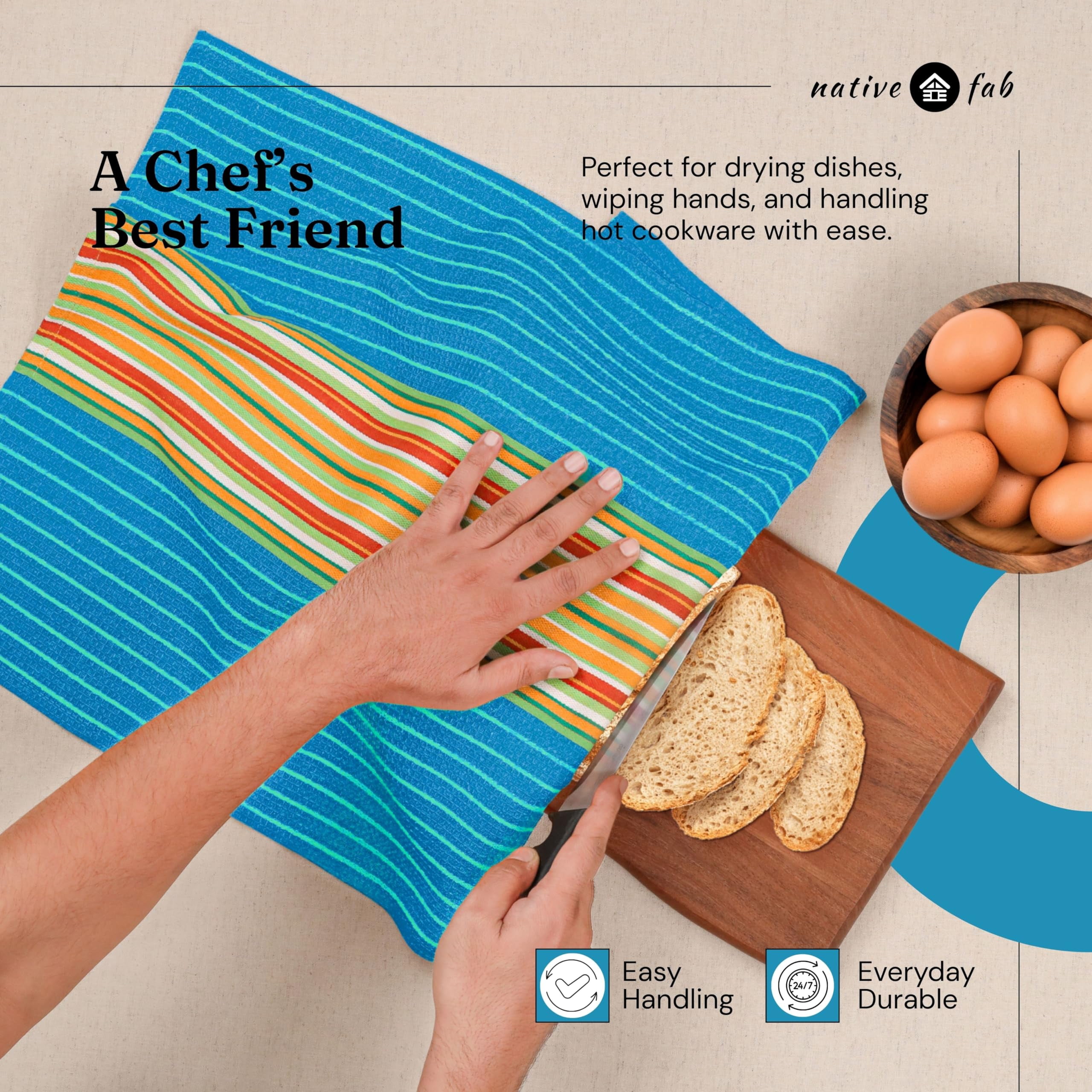 Native Fab Mexican Salsa Stripe Dish Towels, 8 Pack, 18x28", Super Absorbent, 100% Cotton Kitchen Towels for Drying, Reusable, Washable Towels for Everyday Cooking and Cleaning, Turquiose Blue