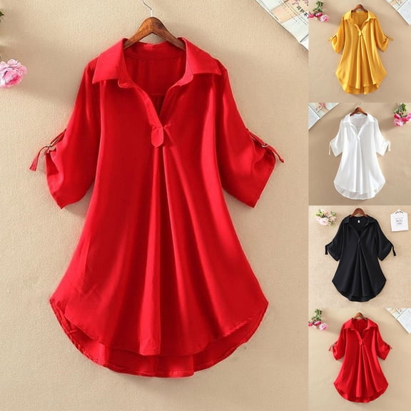 Asxite Womens Tops Plus Size Short Sleeve Solid Color Collared Button Front Shirts
