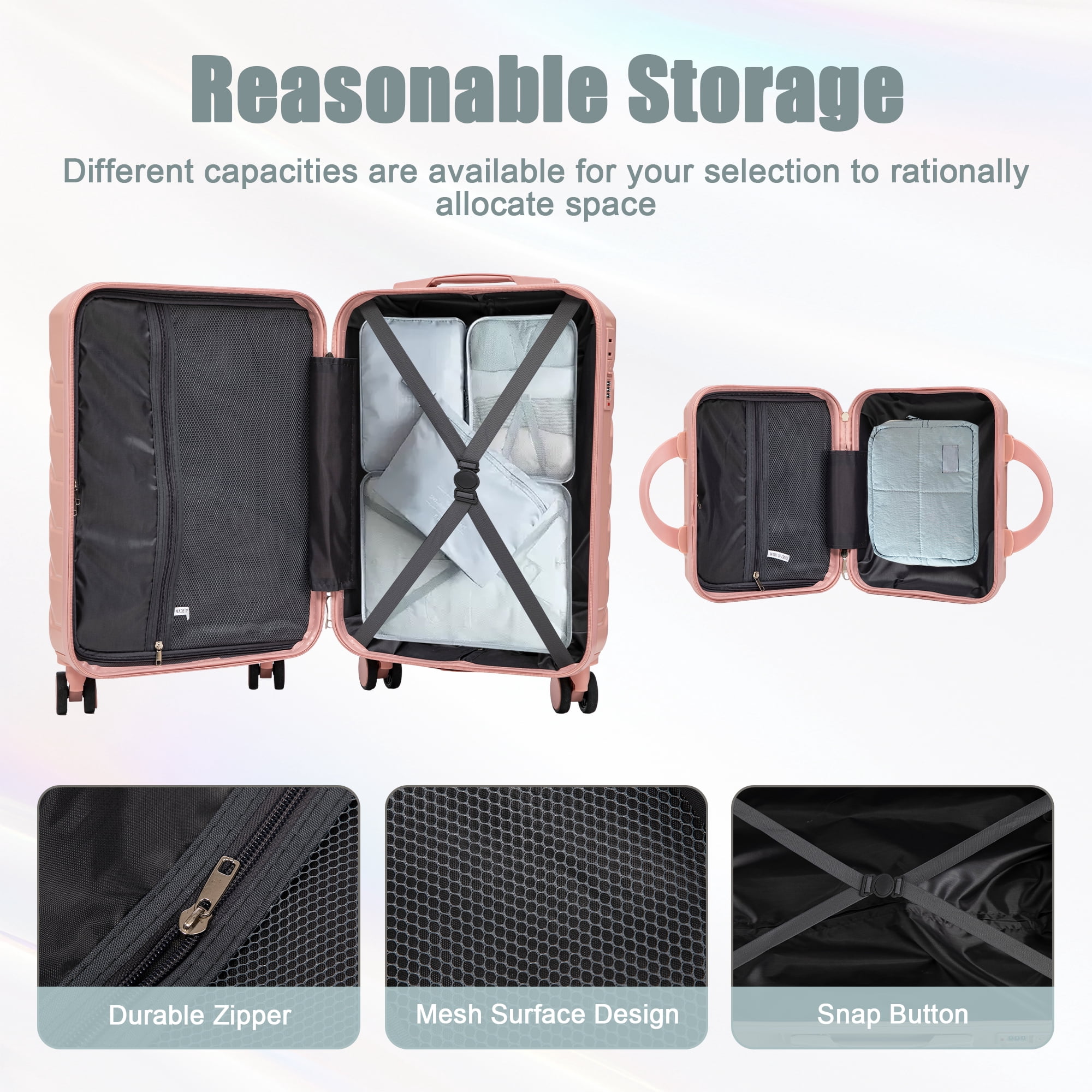 Luccalily carry-on 2-piece luggage set 14"/20" 2 pcs/set in ABS Spinner Wheel Luggage, with Combination Lock,14" Cosmetic Case (Pink)