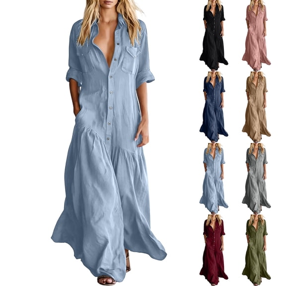 ChaoHeng Dresses for Women Casual for Plus Size Solid Padded Collared Long Sleeve Pocket Loose Summer Black S