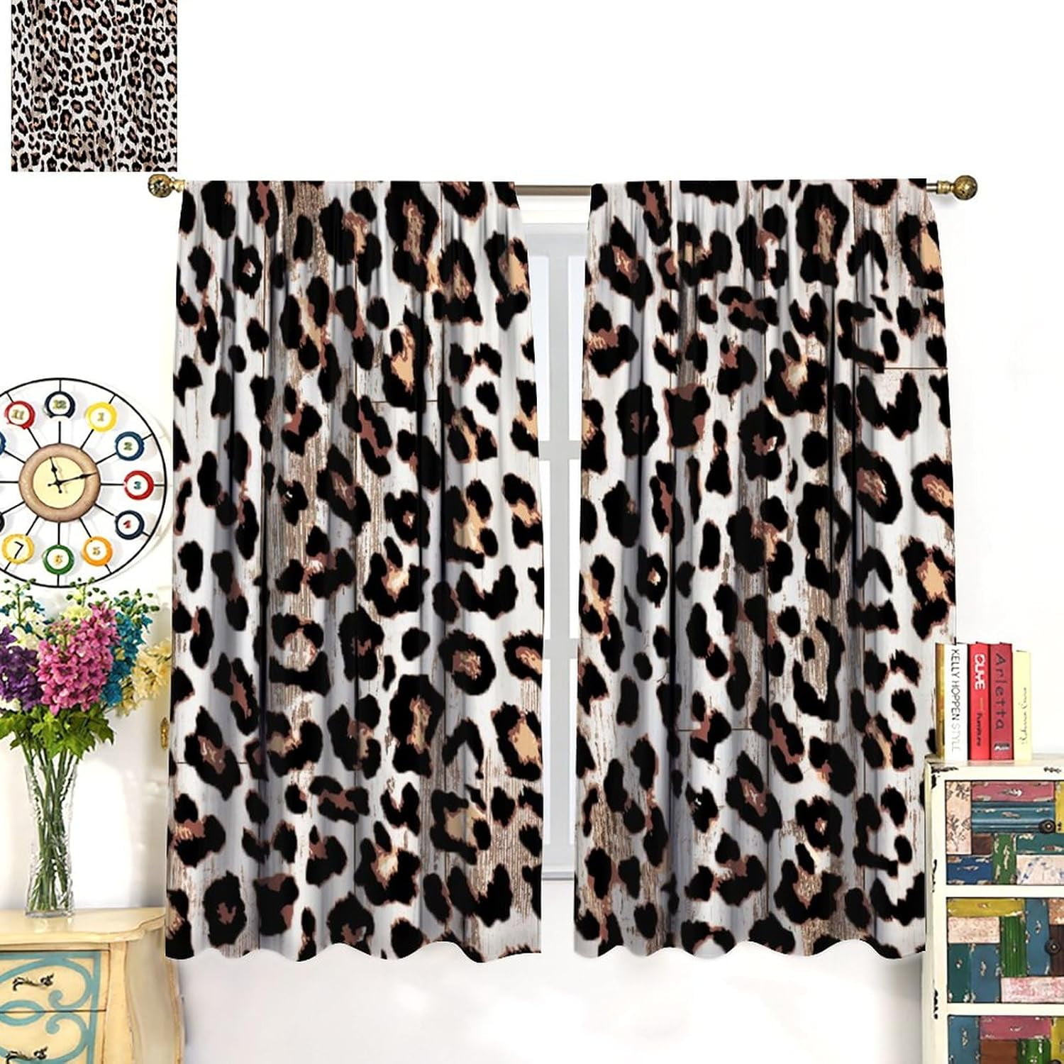 Leopard Print Curtains Rustic Grey White Wooden Board Animal Blackout Print Rod Pocket Window Drapes for Bedroom Living Room 52x84in