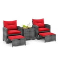 thumbnail image 2 of Costway 5 Piece Patio Rattan Furniture with 2 Ottomans & Tempered Glass Coffee Table Red, 2 of 9
