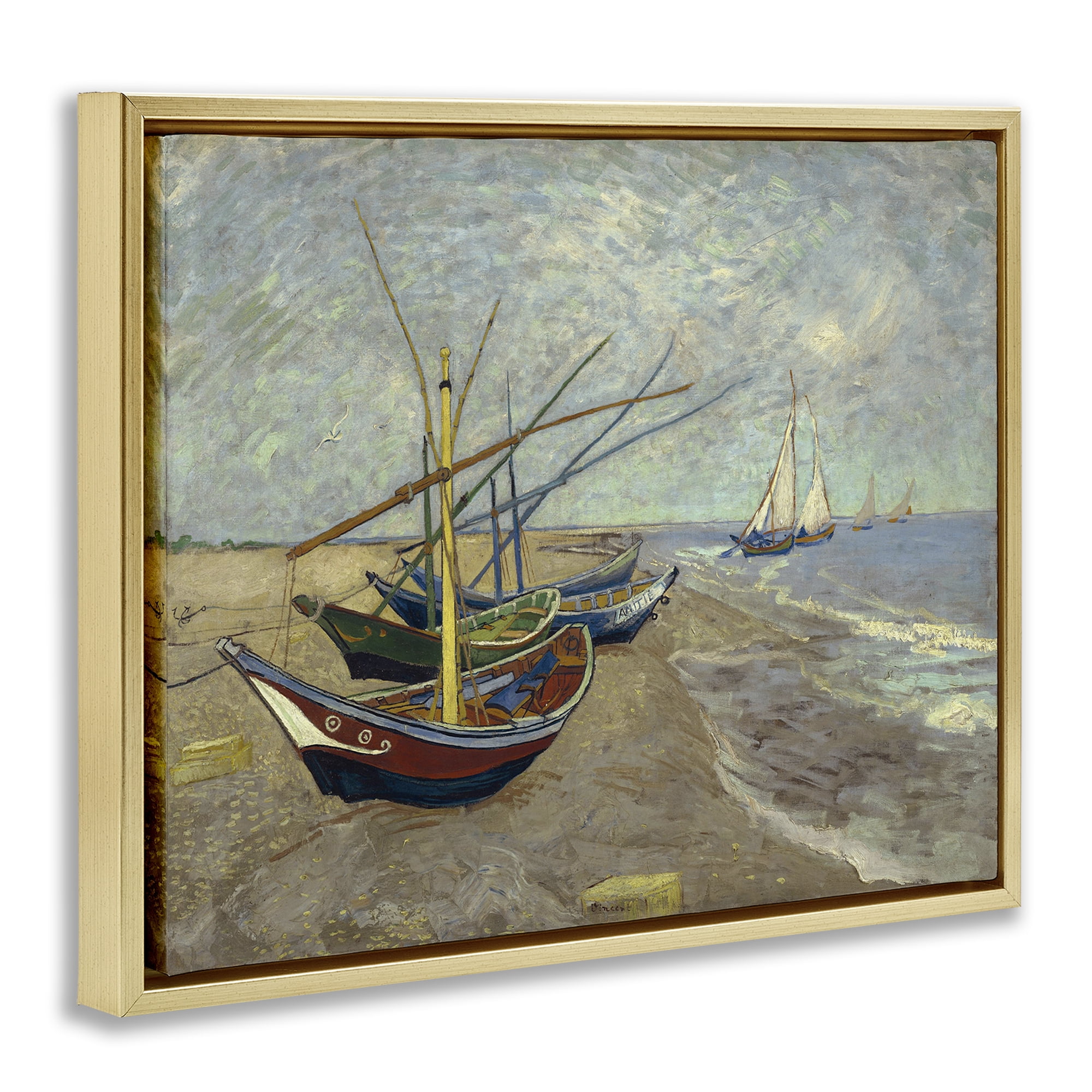 Stupell Industries Classic Fishing Boats on Beach Nautical & Beach Painting Gold Floater Framed Canvas Art Print Wall Art, 21 x 17