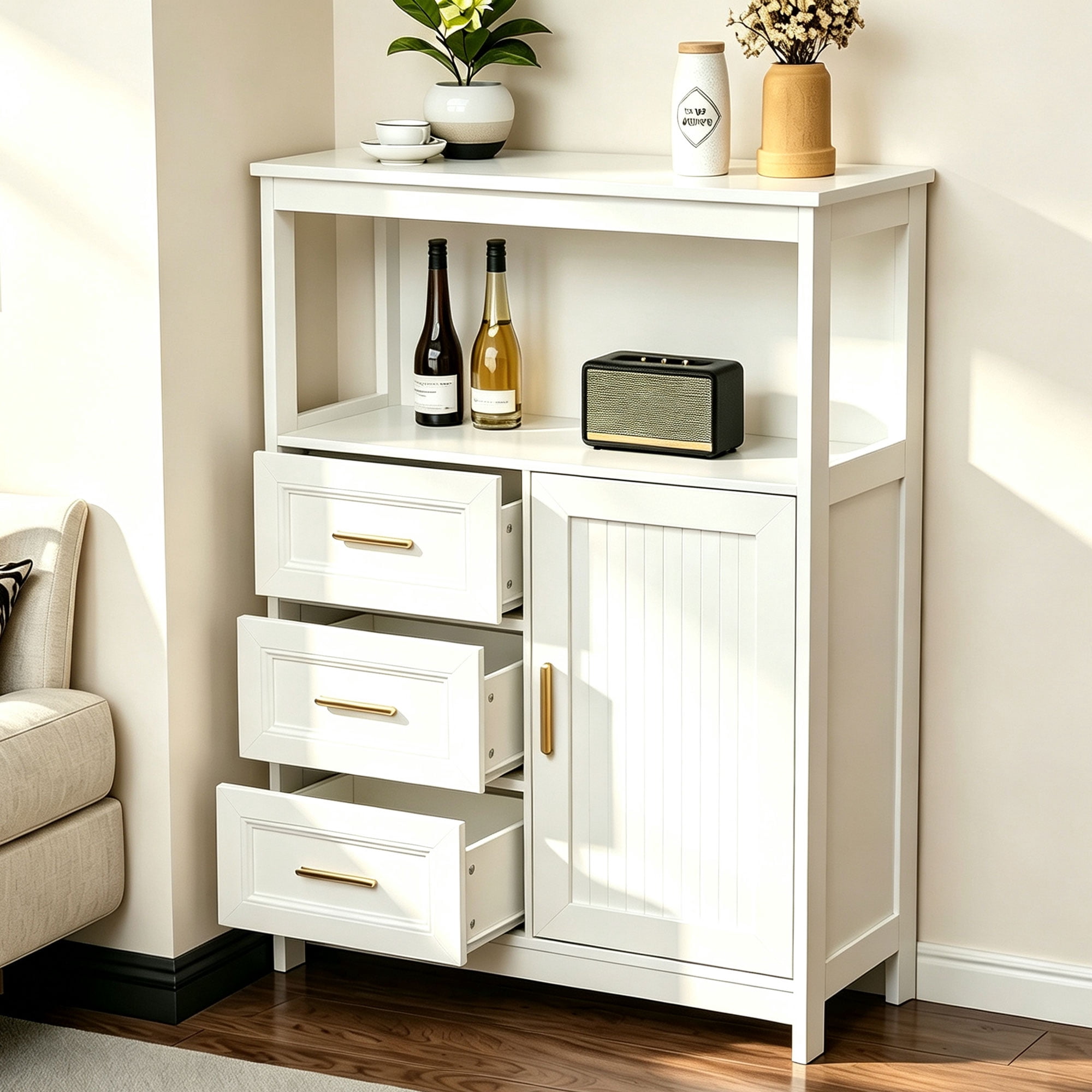 Kitchen Storage Cabinet, modern Buffet Cabinet , Storage with 3 Drawers and 1 Doors,Floor Sideboard Buffet for Living Room, Dining Room, Bathroom,(WHITE Color)