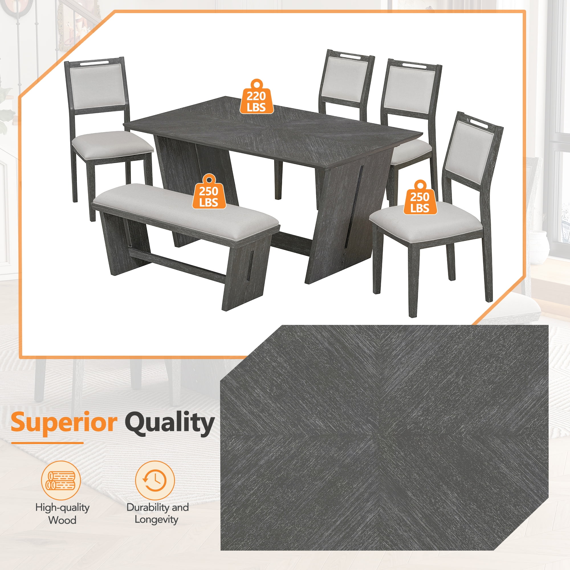 Euroco 6-Piece Dining Table Set for 6, 59.8" Retro Rectangular Kitchen Table with 4 Upholstered Chairs & 1 Bench,Dining Furniture Set for Living Room and Kitchen,Gray