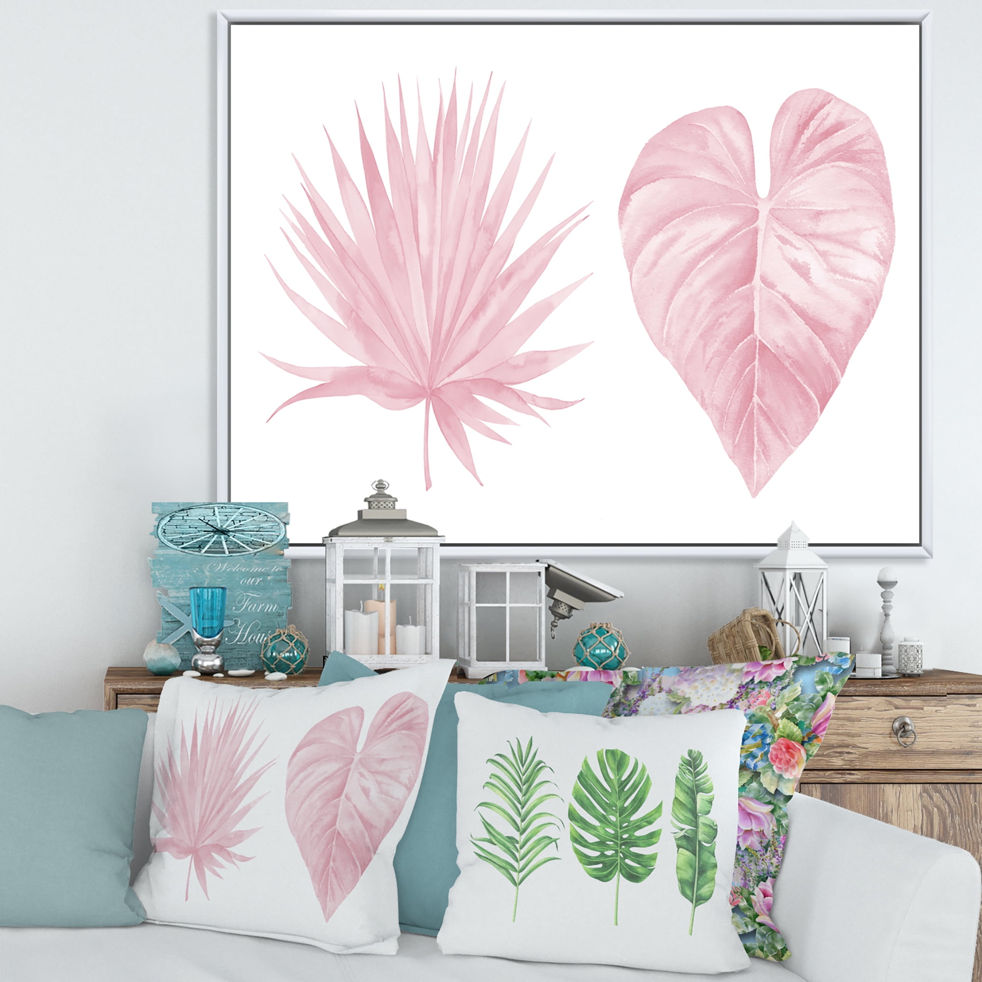 Designart 'Tropical Pink Watercolour Leaves On White II' Shabby Chic Framed Canvas Wall Art Print