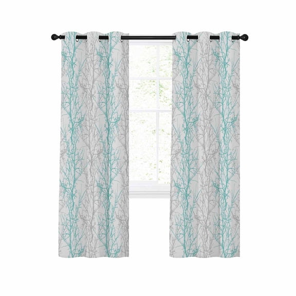Teal Grey Branch Blackout Curtains 45 Inches Long for Bedroom, Spring Summer Pastoral Botanical Thermal Insulated Room Darkening Black Out Window Curtain Panels Grommet Drapes for Living Room