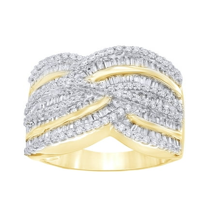 Round & Baguette Shape White Natural Diamond Layered Woven Ring in 10K Yellow Gold (1.25