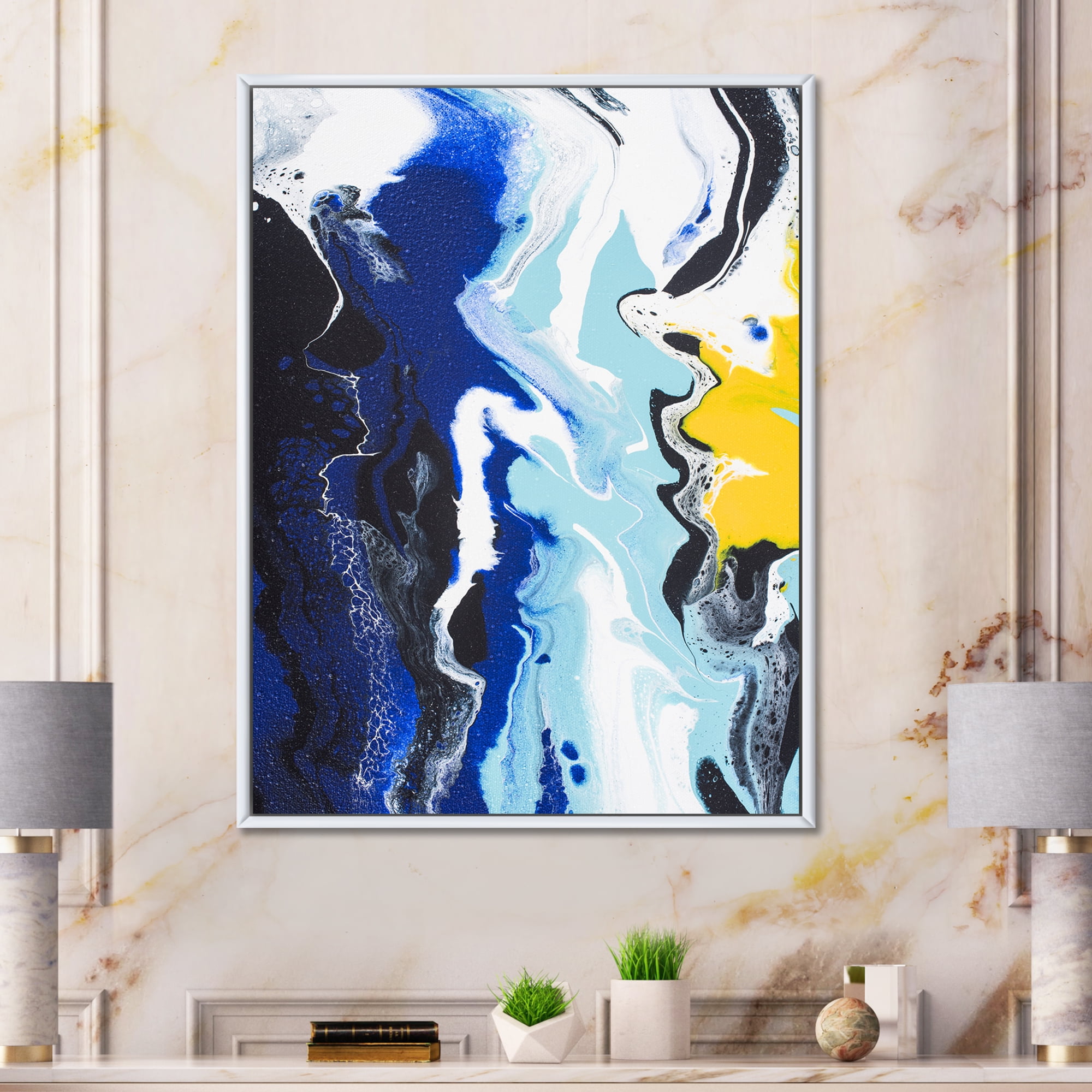 Designart 'Abstract Blue and Yellow Waves' Modern Framed Canvas Wall Art Print