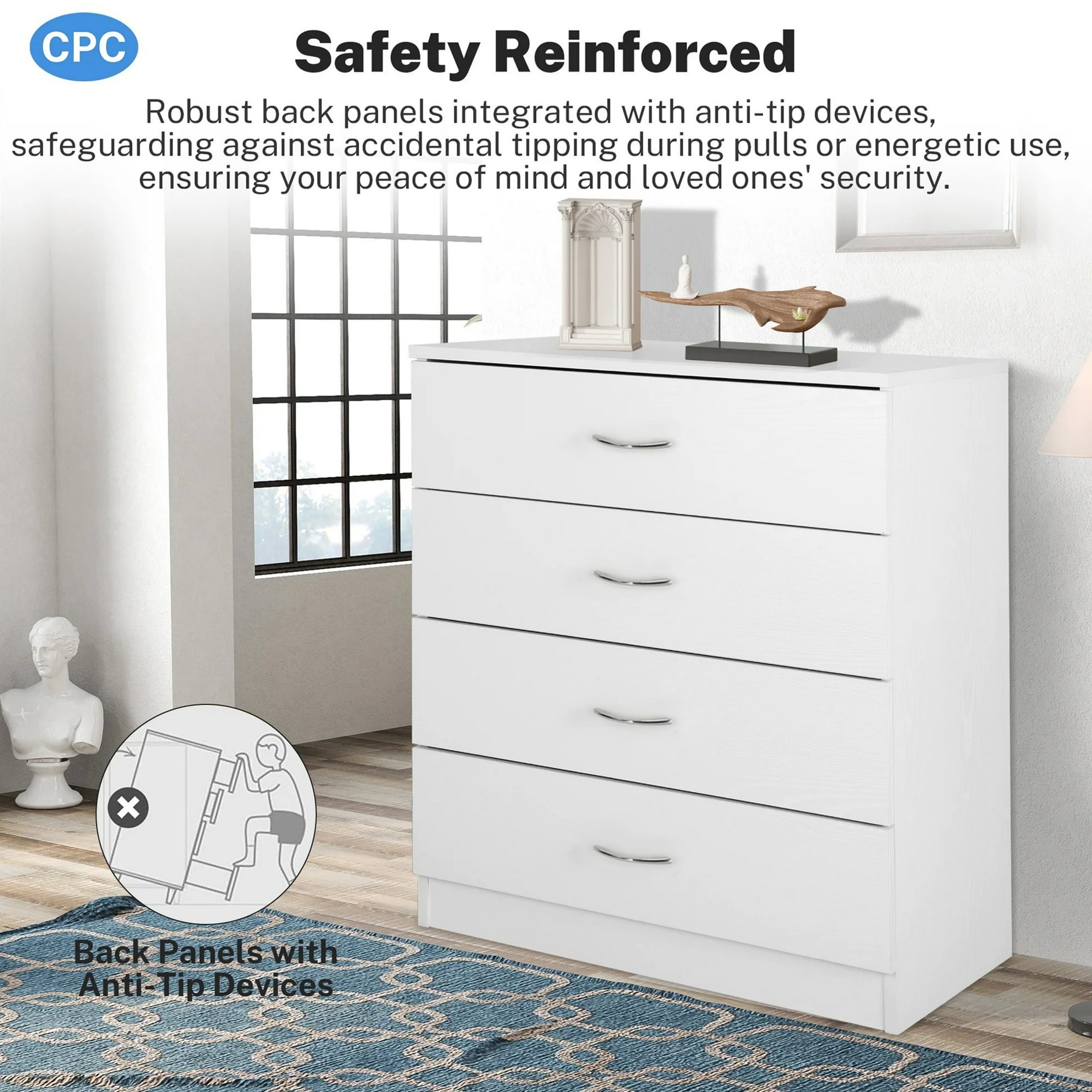 Enyopro 4 Drawer Dresser for Bedroom, White Wooden Chest of Drawers, Modern 4 Drawer Chest Storage Dresser for Closet, Living Room, Hallway