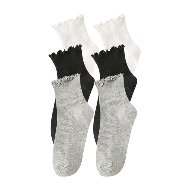 LckLvx 3 Pack Ruffle Socks for Women Cotton Solid Color Ankle Socks Cute Casual Frilly Crew Socks