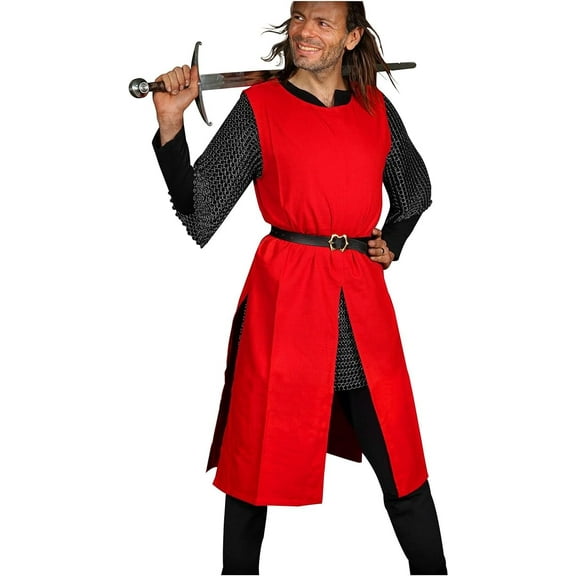 Mythrojan Medieval Canvas Tunic Tabard for Adults, Renaissance Cosplay, Viking knight Surcote for Reenactment LARP SCA, Color : RED, Size : S/M