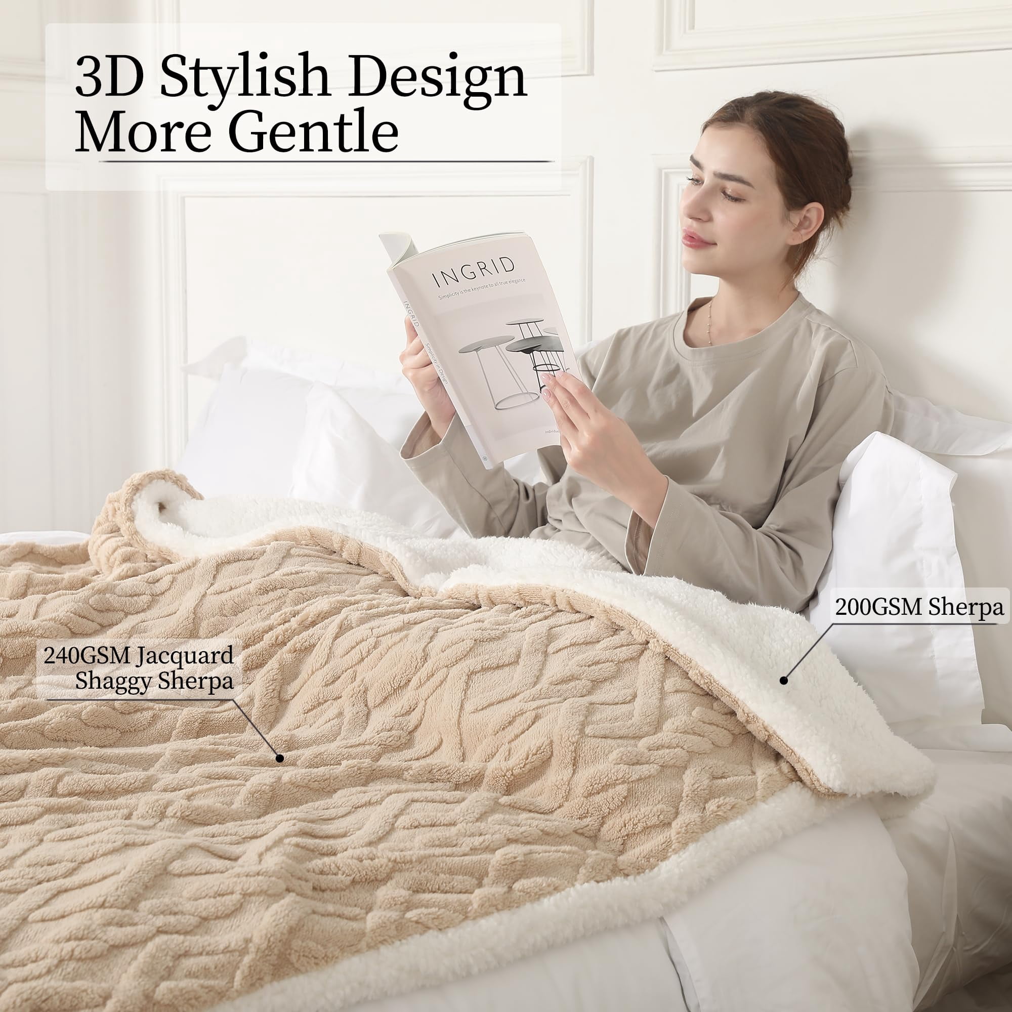 TRUSTWARMTH Heating Blanket Twin Size - 62"x84" Electric Blanket with 10 Hours Auto off & 5 Heating Levels, Ultra Soft Jacquard Shaggy Sherpa, Machine Washable, Beige