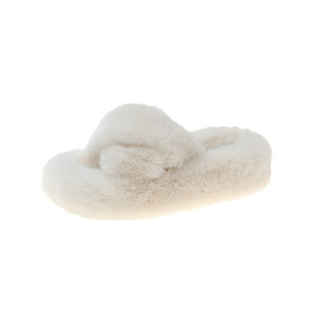 

Lacyhop Women s Bedroom Breathable Cross Band Home Slippers Women Indoor Wear-Resistant Platform Fuzzy Nonslip Round Toe Plush Slipper White 6.5