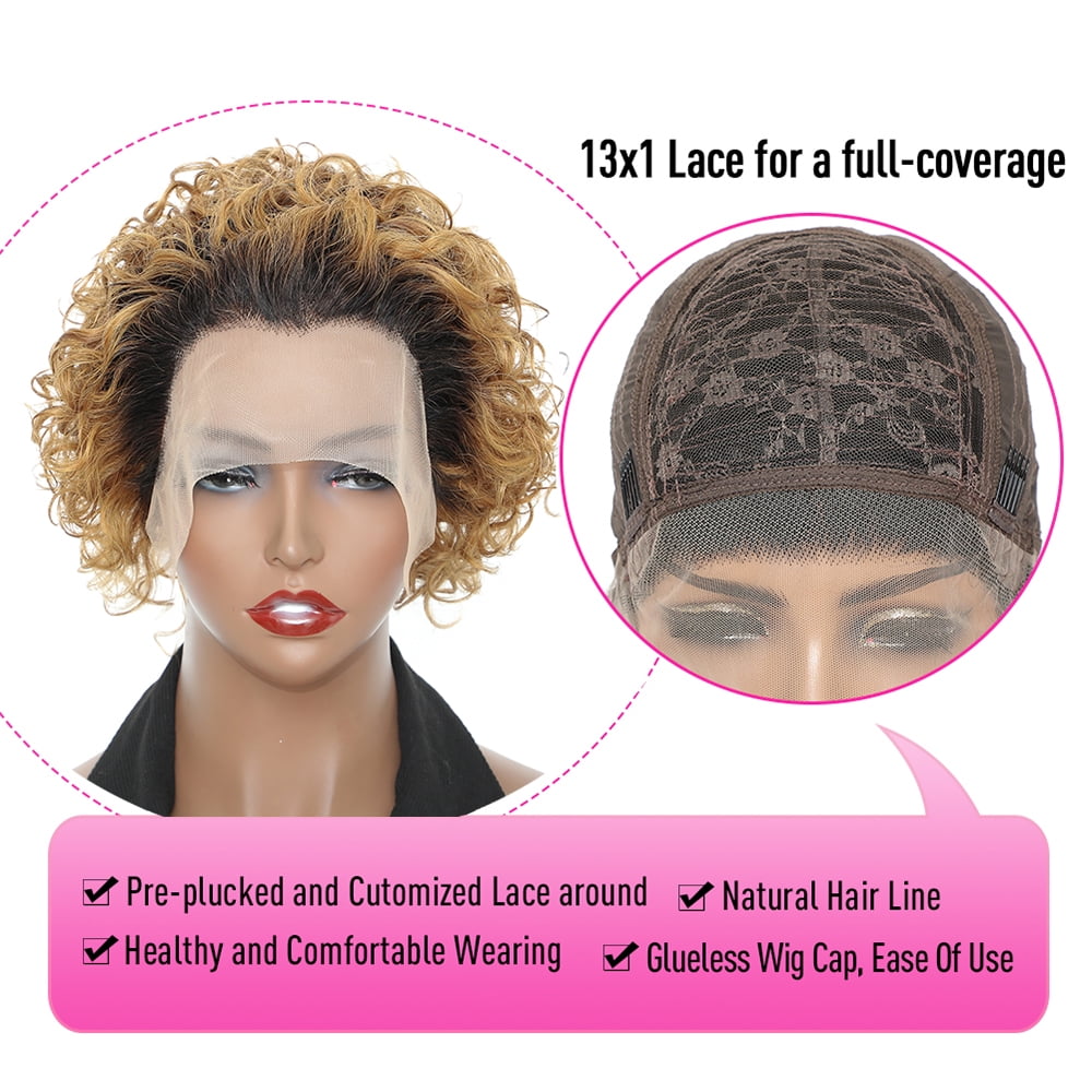 Urbeauty Short Curly Lace Front Wigs for Women 1B/27 Ombre Color Pixie Cut Wigs Human Hair Honey Brown Short Curly Human Hair Wigs Pre Plucked with Baby Hair