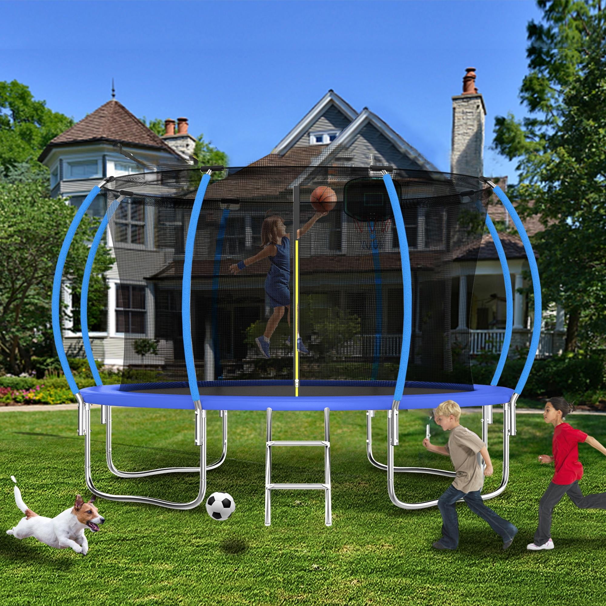 144IN Trampoline for Kids, Seizeen Outdoor Trampolines with Enclosure, 2-IN-1 Large Trampoline with Basketball Hoop, Round Trampoline Anti-collision Curved Design for Backyard Play, Blue
