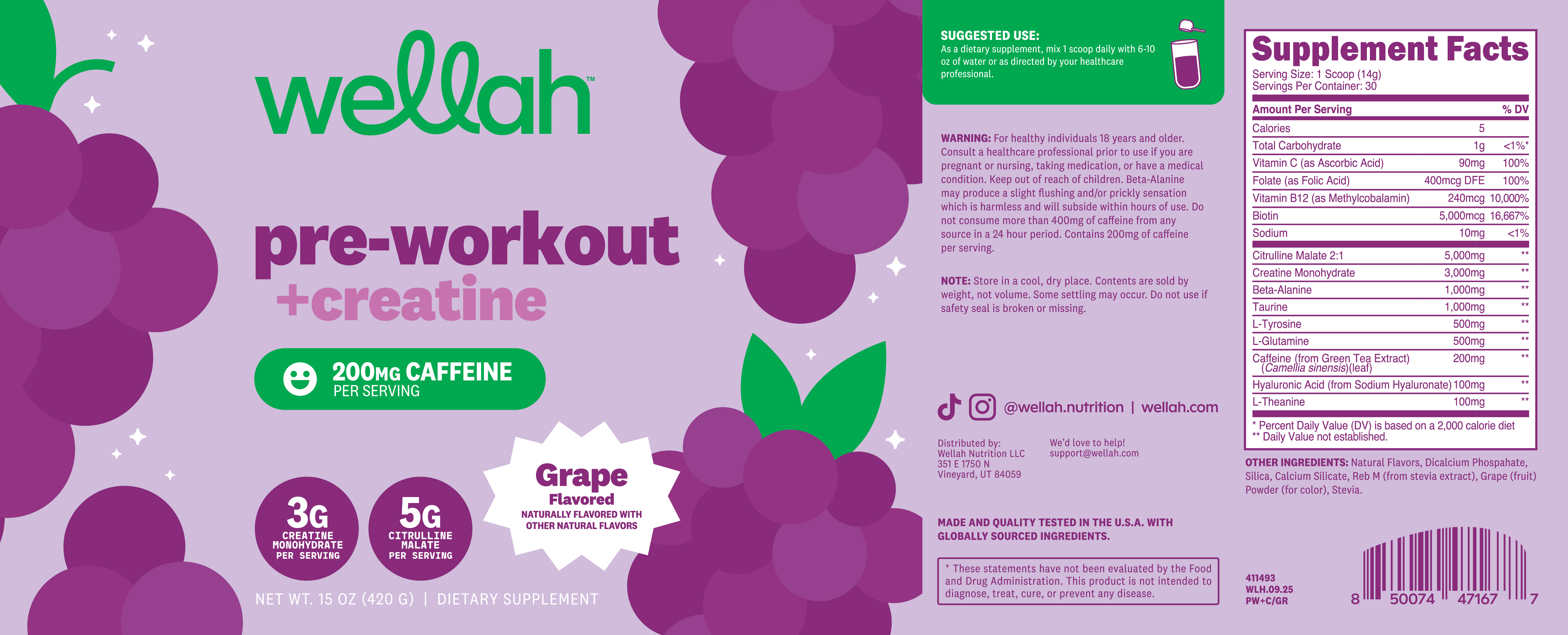 Wellah Pre-Workout + Creatine Powder (30 Servings) Grape - 200mg Caffeine, 3g Creatine Monohydrate, 5g Citrulline Malate, Pre-Workout with Creatine Supplement