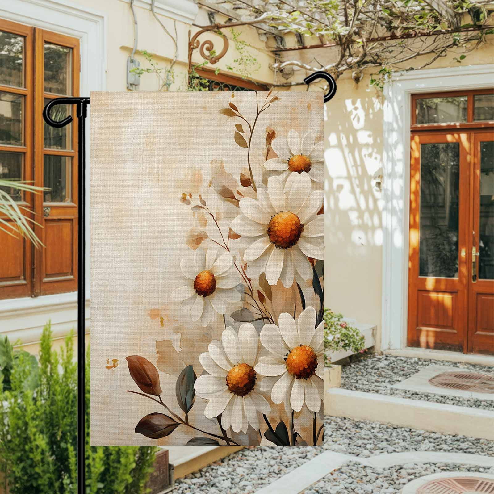 Garden Flag Double-Side Printed House Flag Vintage Style Yard Flag White Daisy Welcome Banner Decor Outdoor Holiday Decorations 28*40in