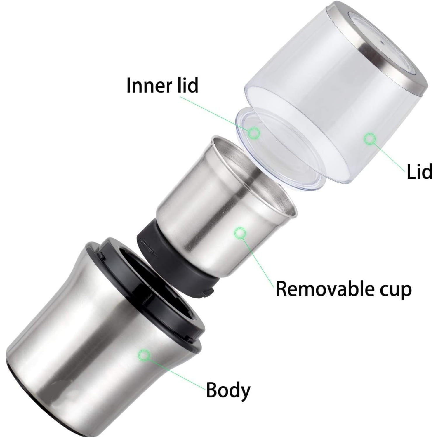 Stainless Steel Electric Dried Spice and Coffee Grinder,2 in 1 Wet and Dry, Removable Cups, Dishwasher Safe