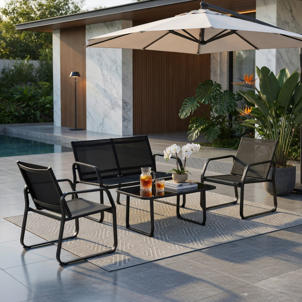 Hommoo 4-Piece Outdoor Patio Conversation Set, Metal Frame, Breathable Fabric Seating & Tempered Glass Coffee Table for Backyard, Deck or Balcony, Black