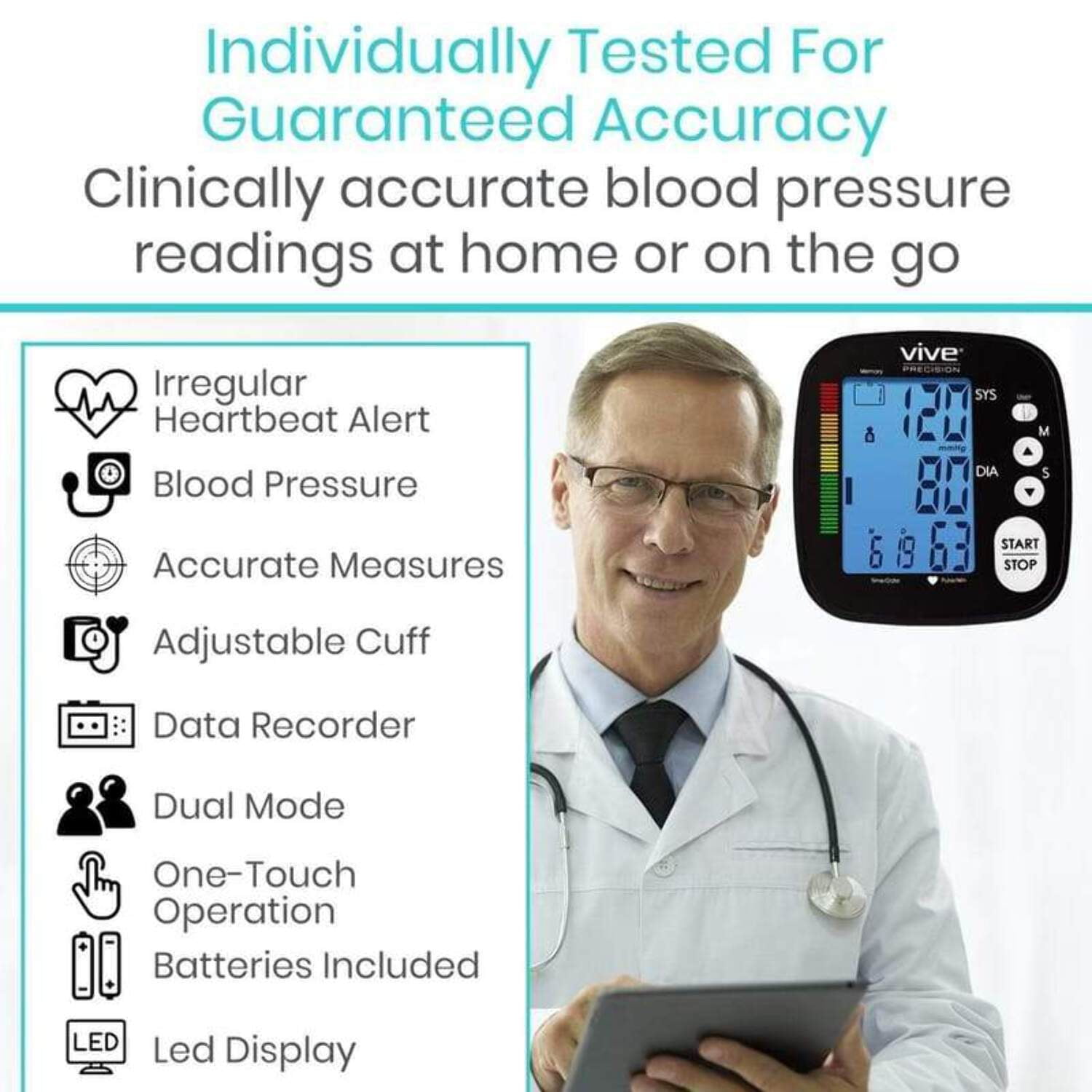 Vive Precision Blood Pressure Monitor – Automatic Upper Arm BP Machine with App for iOS & Android, Large LCD Display, Accurate Heart Rate Sensor, Portable for Home Use, Silver