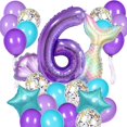 thumbnail image 1 of Msmancy Decoraciones De Cumpleaños De Sirena Para Niñas, Juego De 25 Piezas De Suministros Para Fiesta De Sirena Con Globos De Látex De Estrella De Concha De Cola De Sirena Y Globo Número 6 Para Decor, 1 of 1
